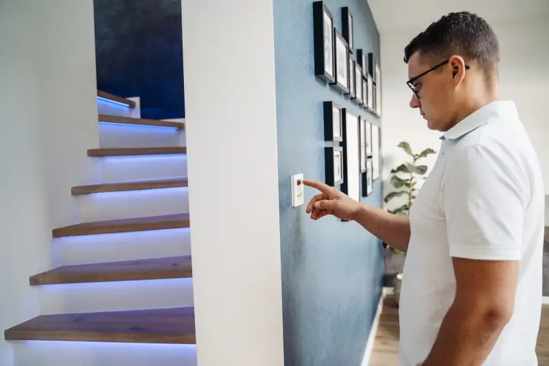 Bewohner schaltet die beleuchtete Treppe am KNX-Taster